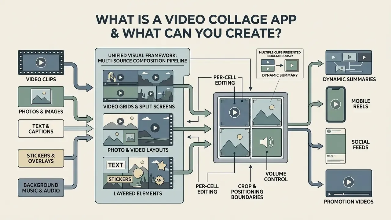 Infographic showing how media inputs are processed through a video collage app into various output formats