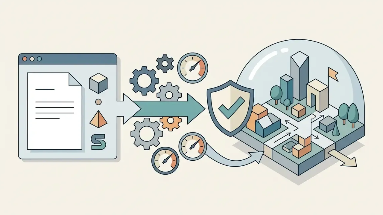 Document and shape icons feeding through gears and gauges into a protected 3D city environment