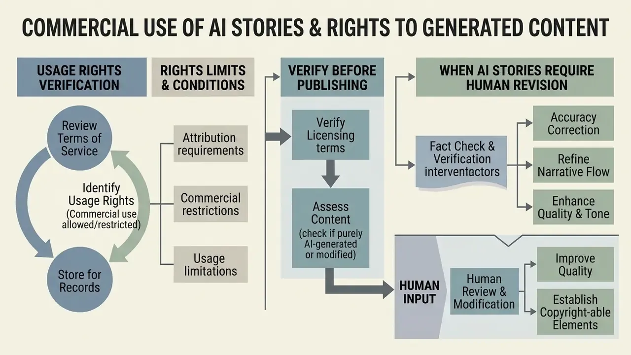 Flowchart outlining steps for verifying usage rights and performing human revisions on AI content