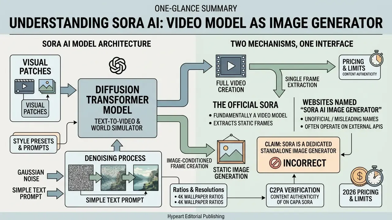 Infographic explaining how the Sora AI model functions as both a video generator and a static image creator