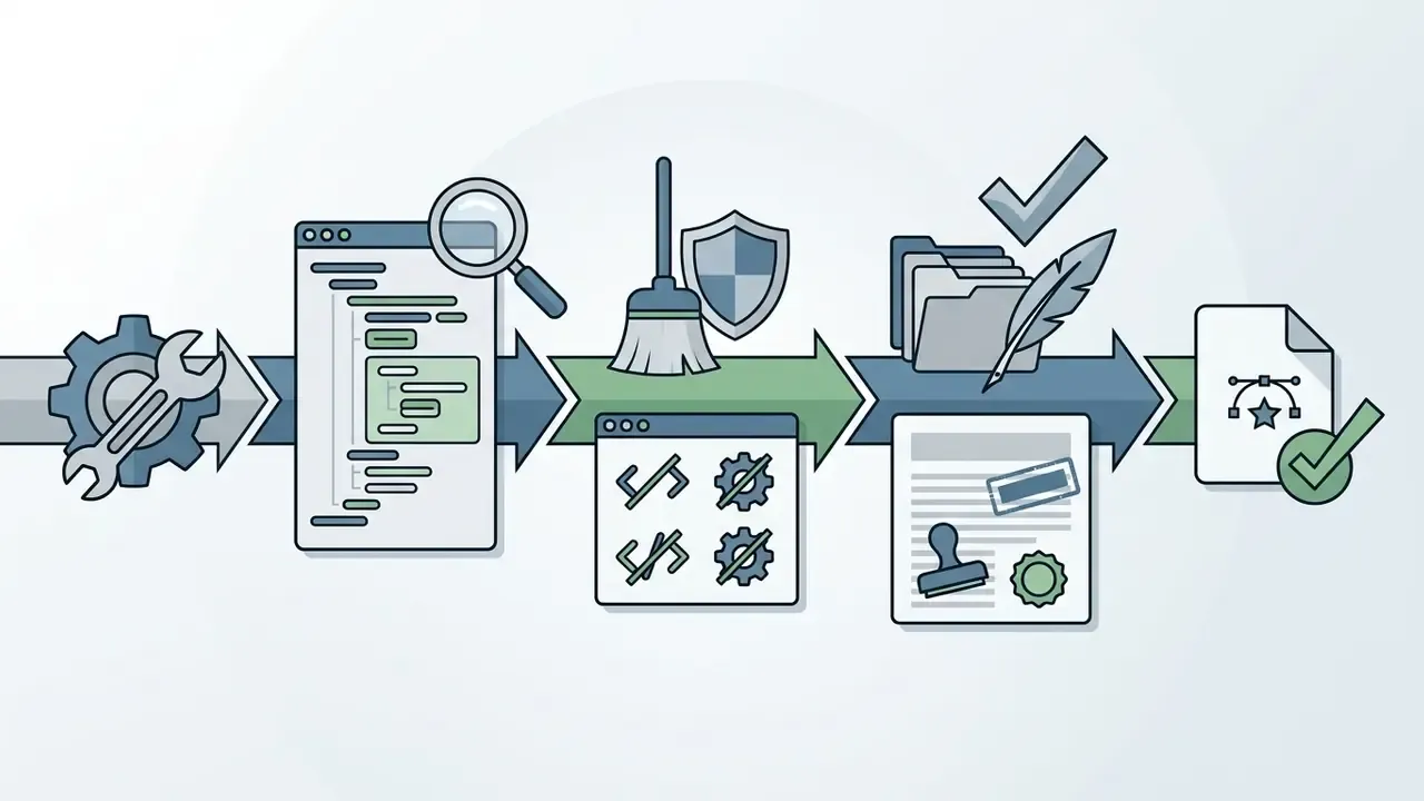 Three-step process showing code validation, security sanitization, and legal review for vector files