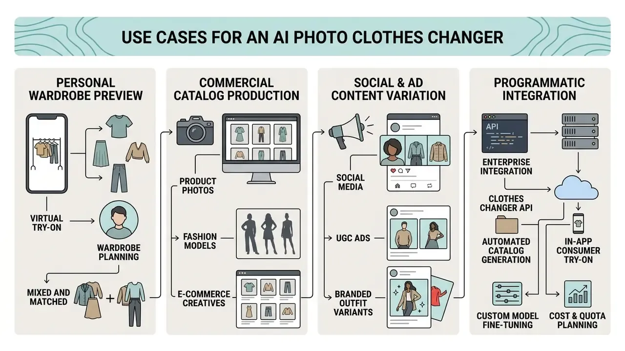 Four columns showing applications for AI clothes changer tools including wardrobe planning and API integration