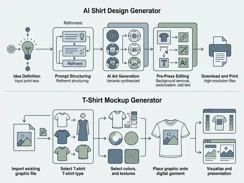 Flowchart comparing the sequential steps of an AI shirt design generator against a T-Shirt mockup tool