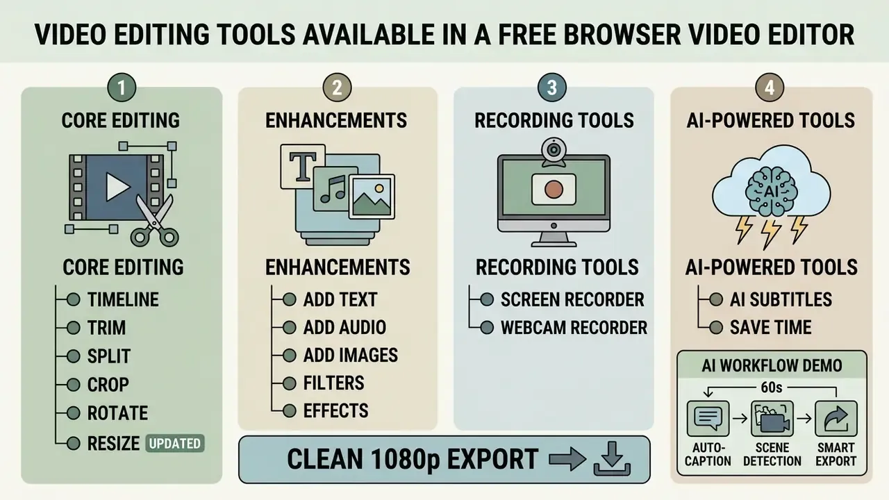 Four categories of features for a free online video editor including core editing, enhancements, and AI