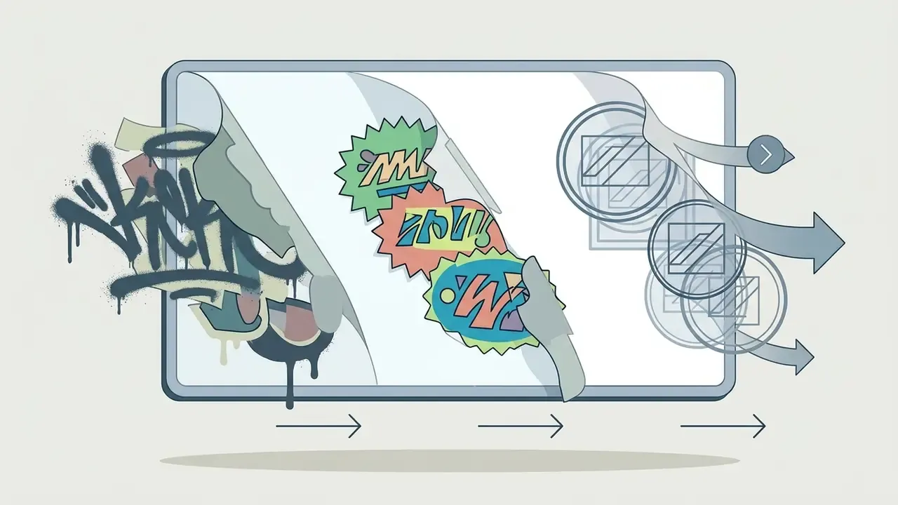 Layers being peeled back to reveal a clean surface underneath as part of an AI remove text from image process