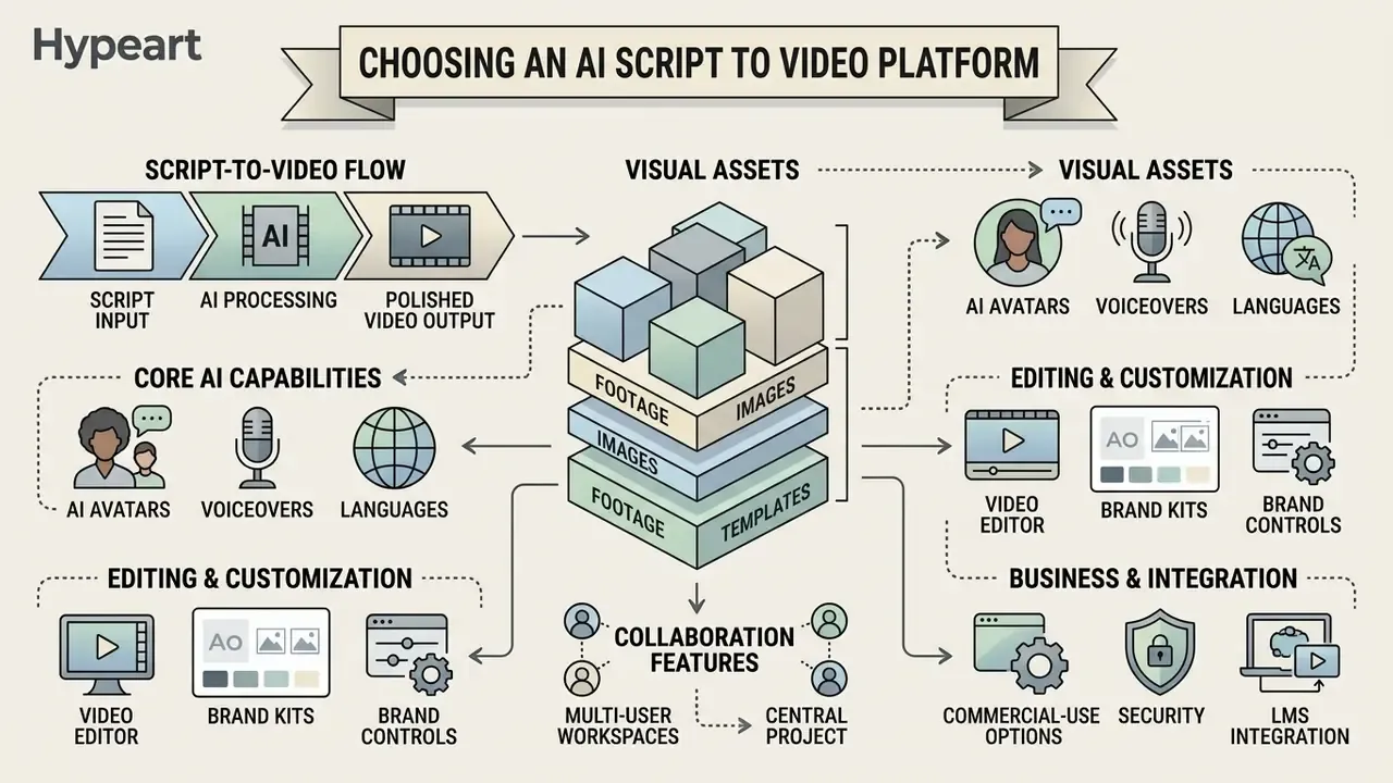 Infographic showing the components of an AI script to video platform including visual assets and tools