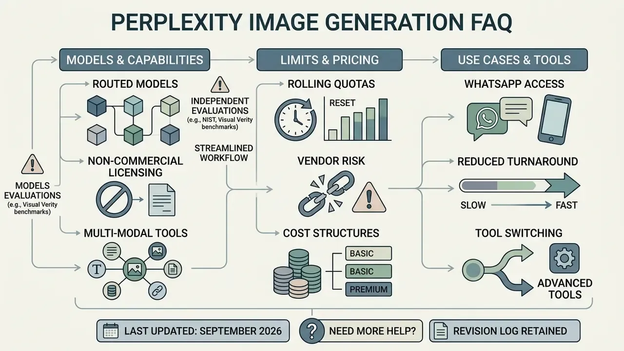 Flowchart detailing Perplexity AI image generation models, pricing limits, and operational use cases