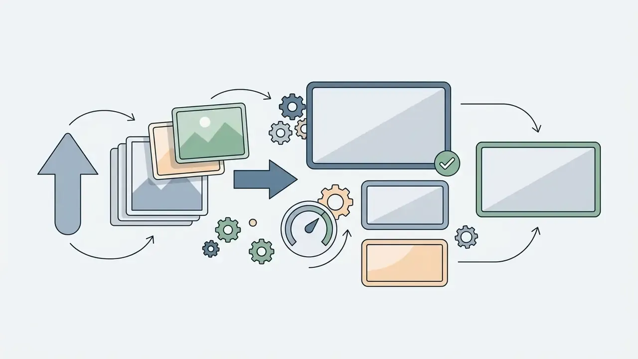 Stack of images uploading into a gear mechanism with gauges that outputs to widescreen display formats