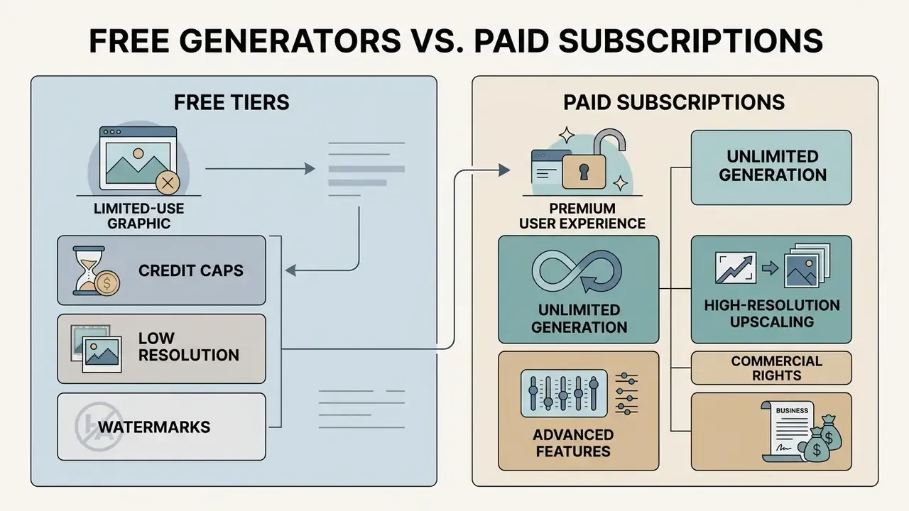 Comparison of free tier limitations like credit caps and watermarks versus paid subscription benefits