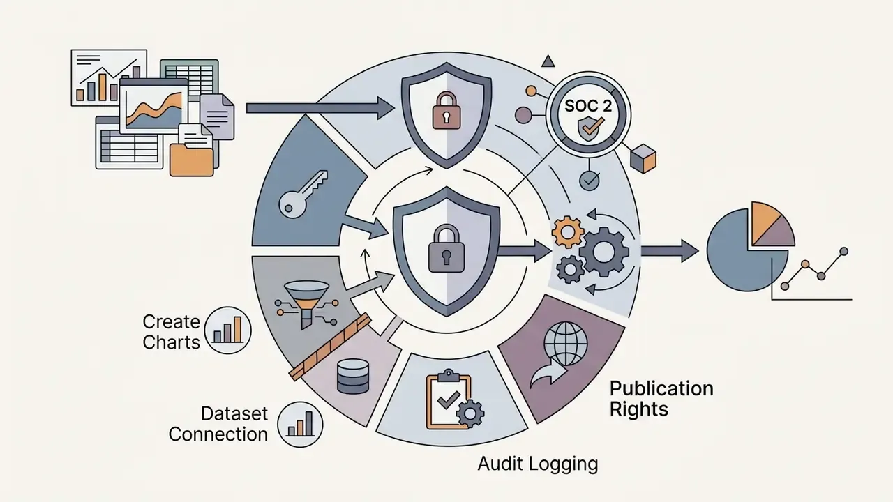 Circular workflow diagram showing documents passing through security shields and gears to reach charts