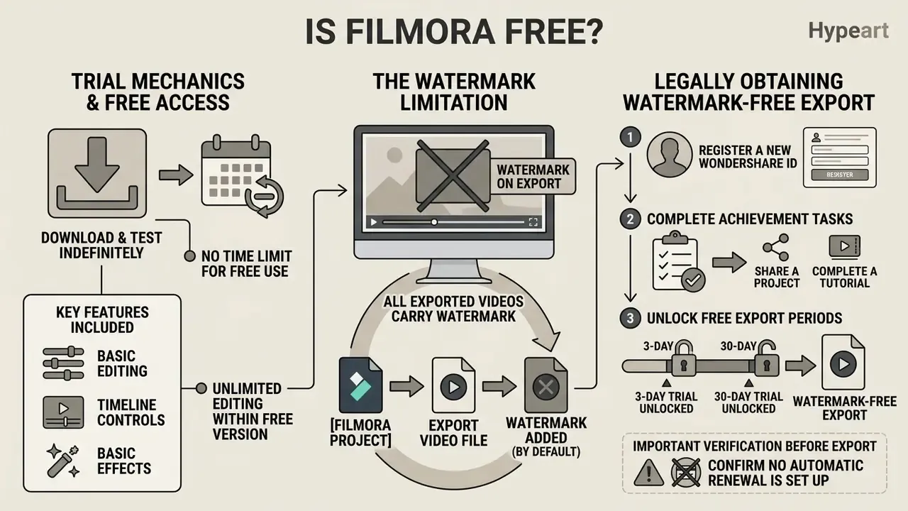 Flowchart detailing Filmora trial access, watermark limitations, and steps to earn watermark-free exports