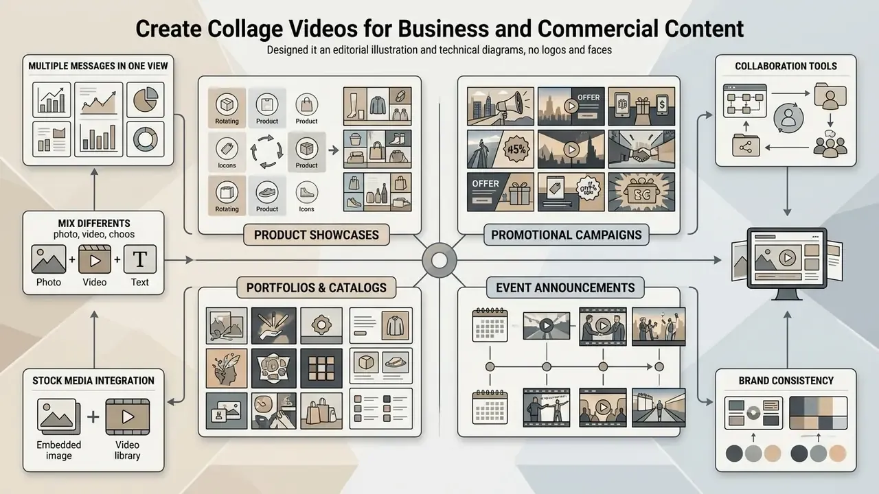 Diagram illustrating various business use cases and media integration methods for multi-panel screen layouts