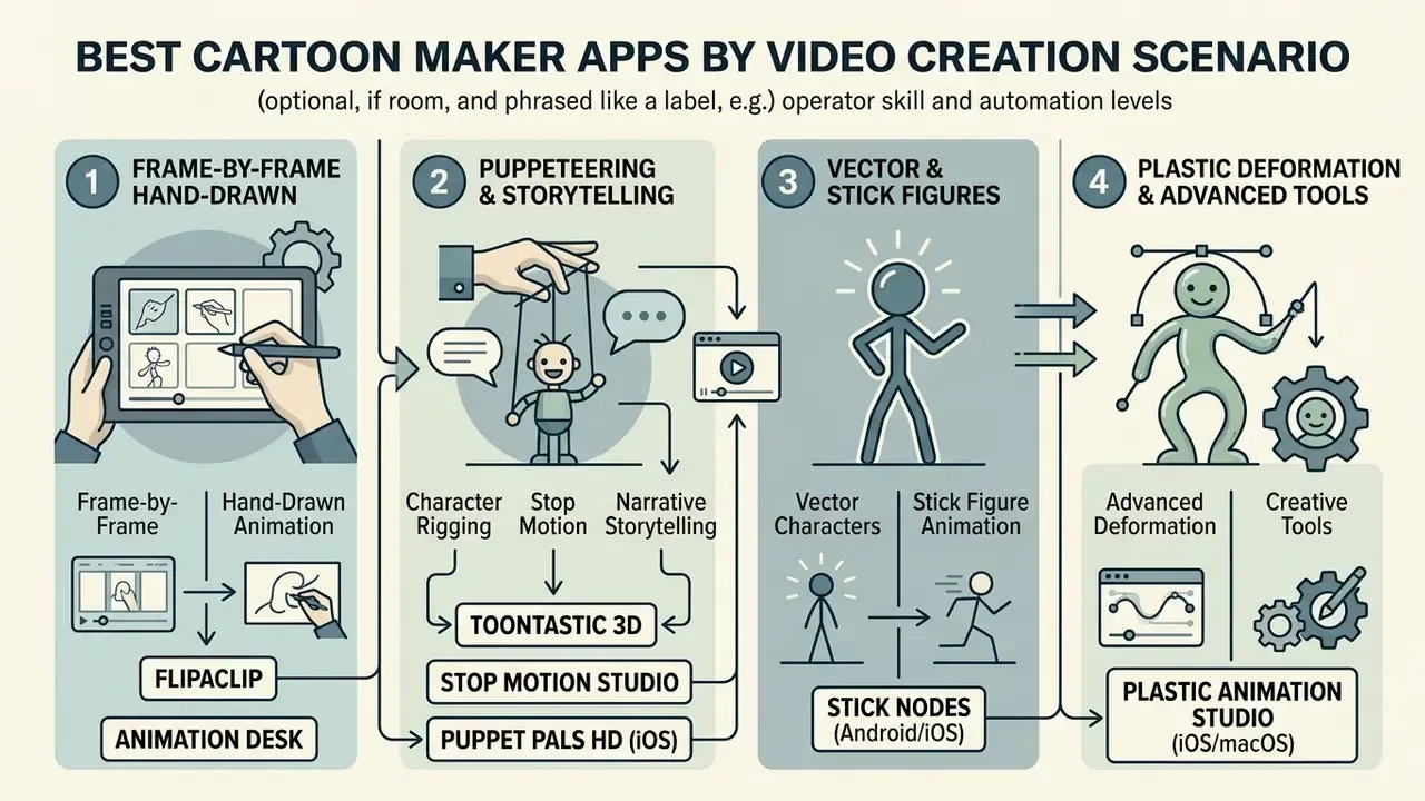 Four-step classification of animation software styles including hand-drawn, puppeteering, and vector tools