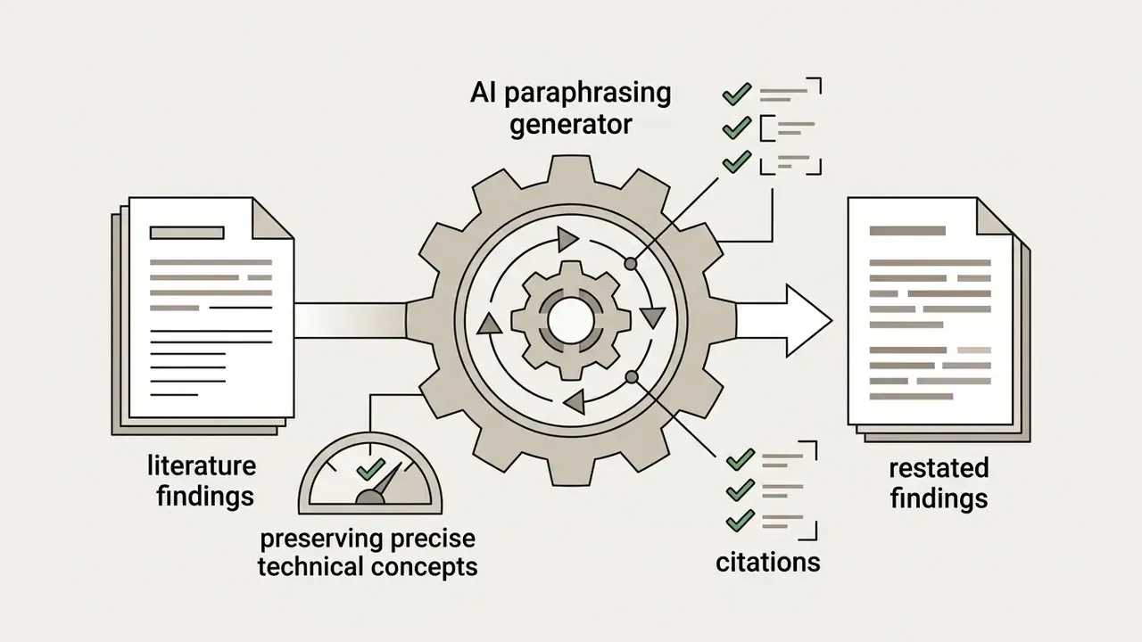 Document moving through a central gear mechanism to transform literature findings into restated findings