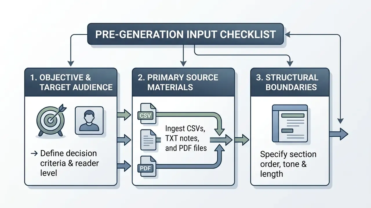 Three-step checklist for preparing data inputs including audience definition, file ingestion, and structure