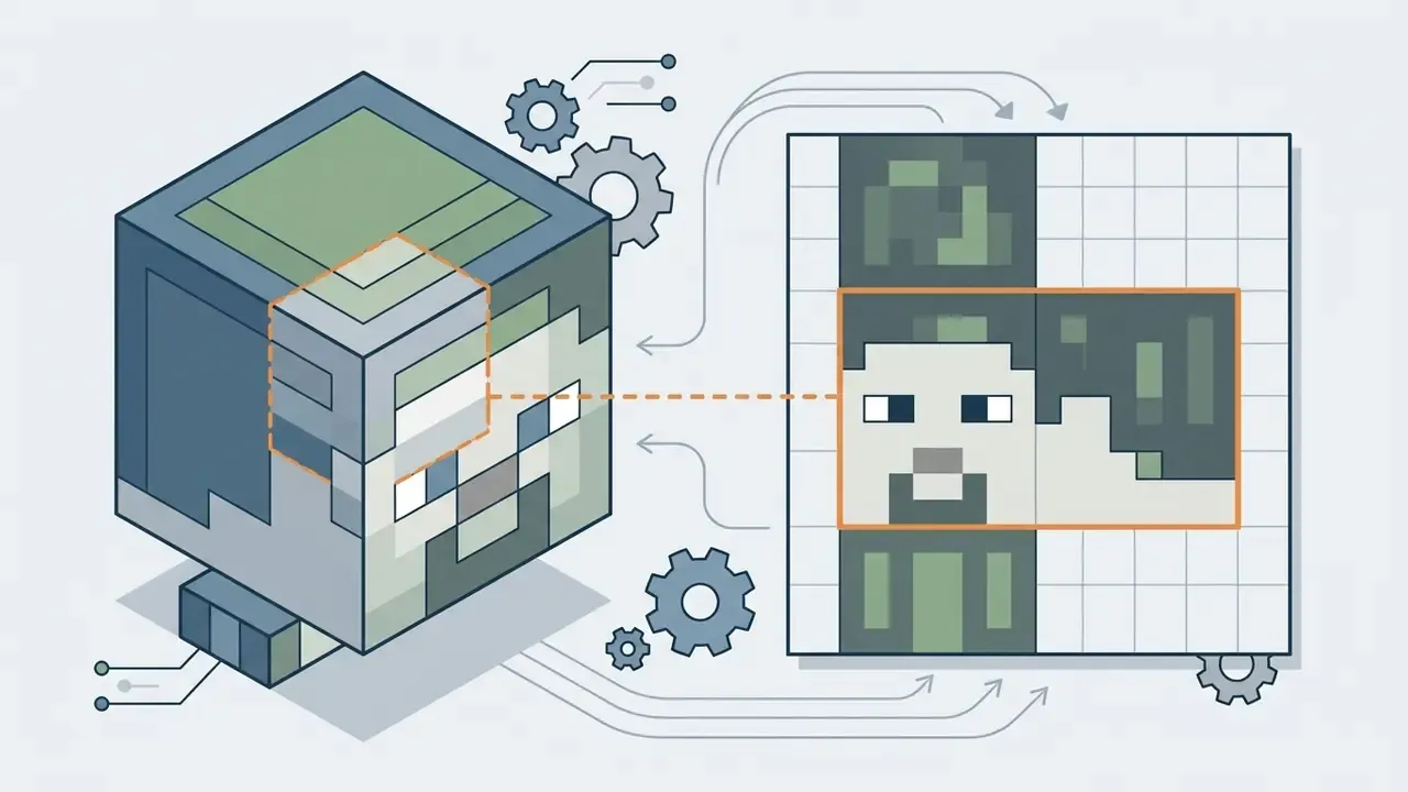 Technical diagram showing how a flat 2D pixel texture maps onto a 3D Minecraft character head model