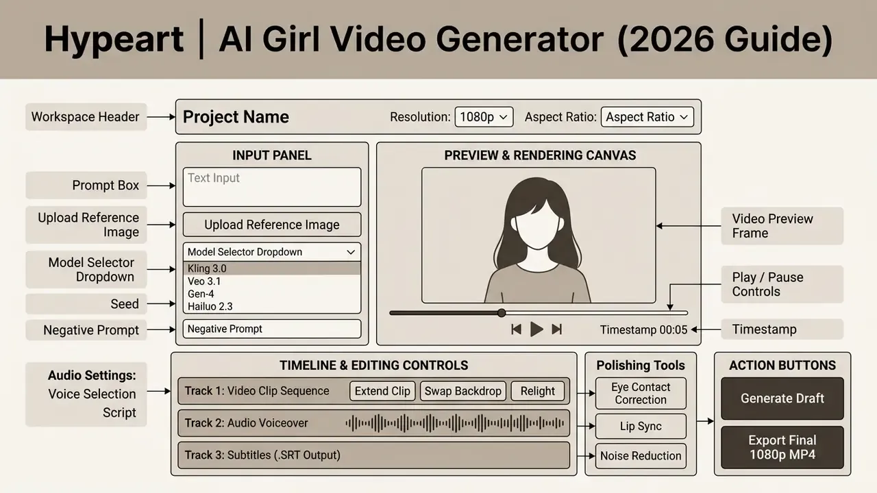 Layout of an AI girl video generator interface featuring input panels, preview canvas, and editing tools