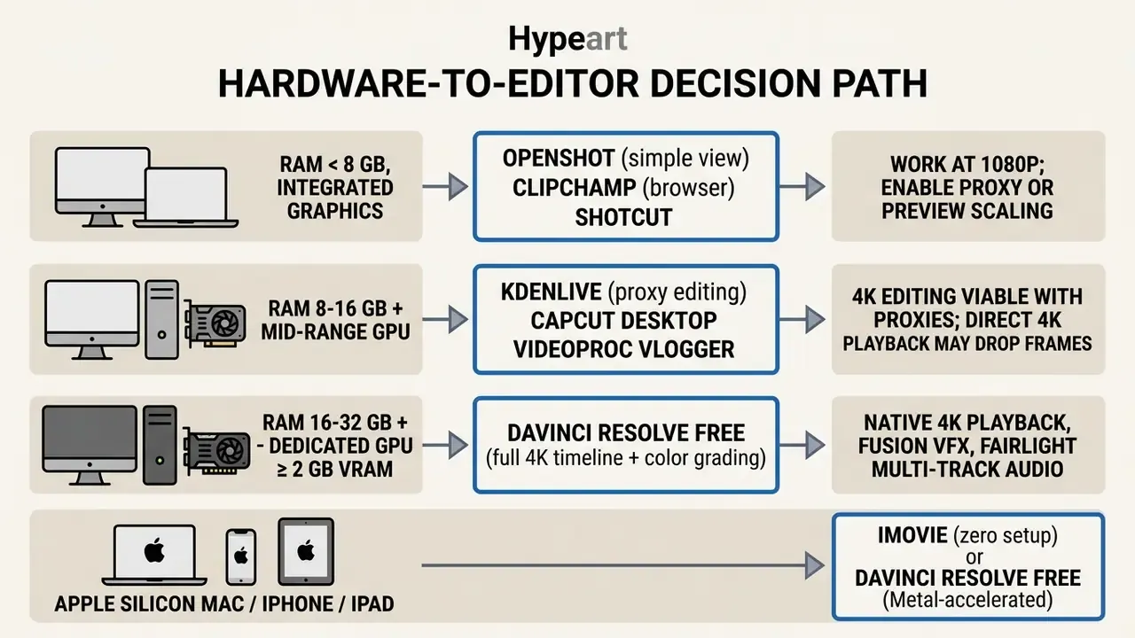 Decision path mapping computer hardware specifications to recommended free video editing software