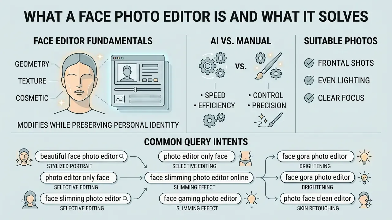 Infographic showing how a face photo editor modifies geometry and texture while categorizing user intents