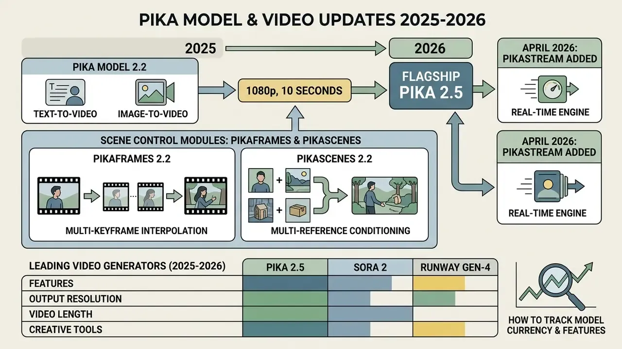 Timeline graphic showing the evolution of Pika models from version 2.2 to 2.5 and PikaStream integration