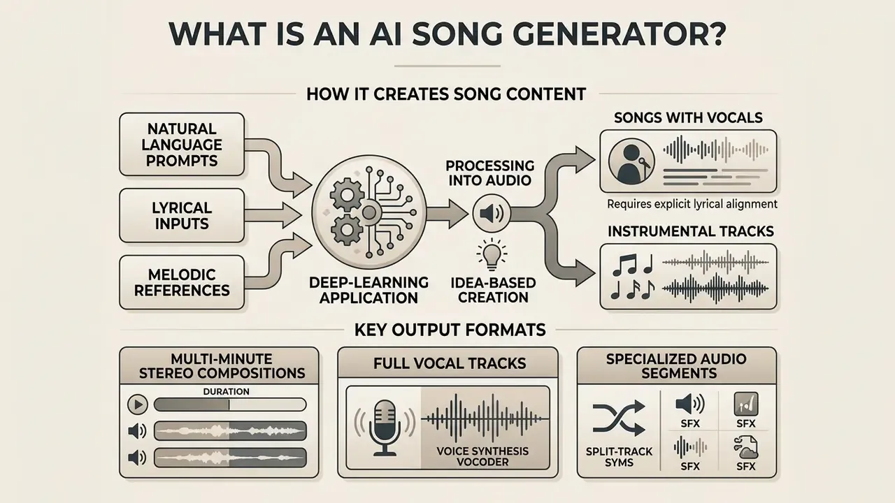 Flowchart showing how natural language and lyrical inputs are processed by deep learning into audio outputs
