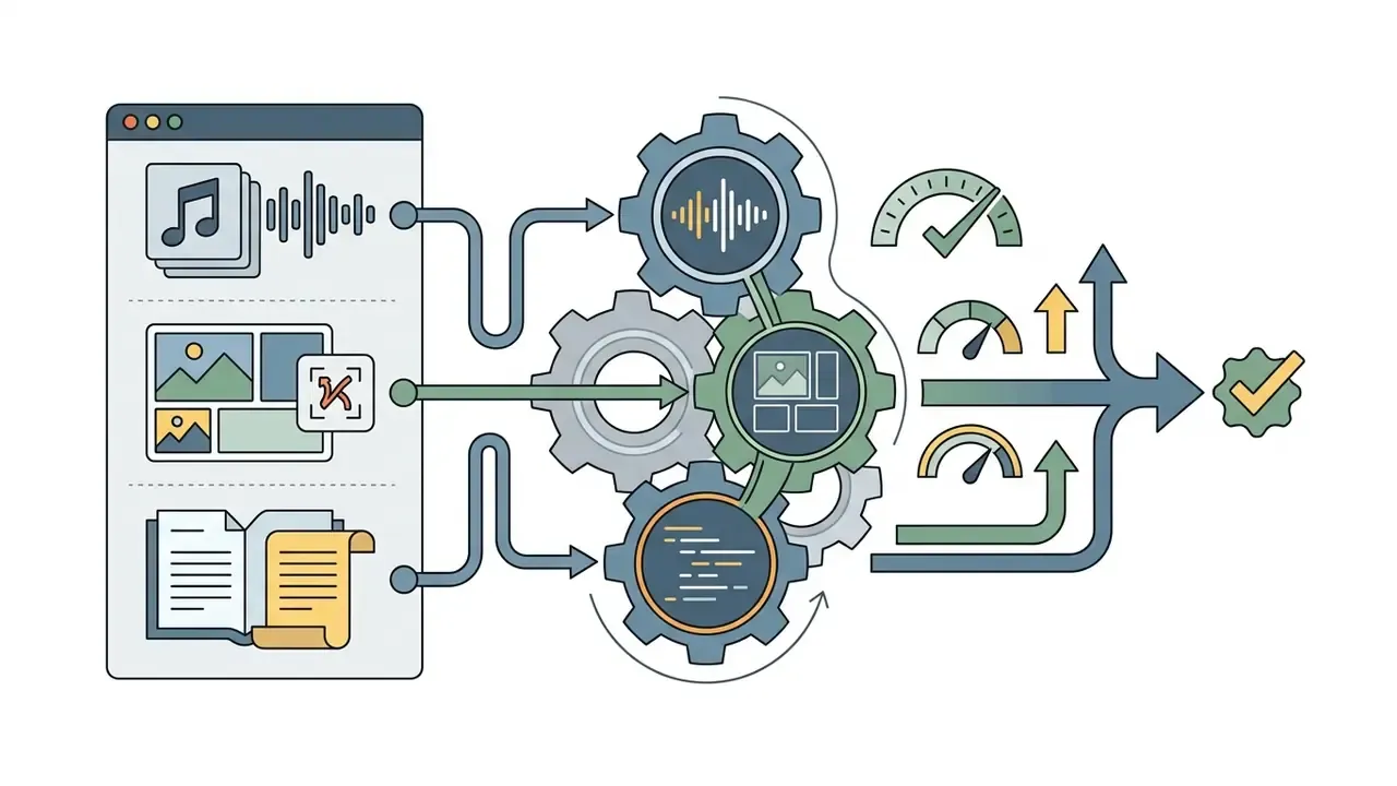 Audio, image, and text inputs feeding into a gear system that processes data into a final verified output