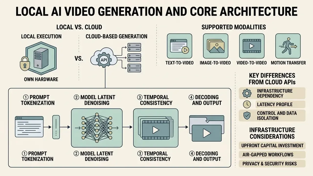 Diagram comparing local AI video generator architecture to cloud platforms and detailing four processing stages