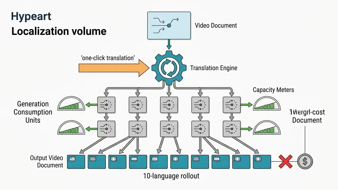 Visual representation of a translation engine splitting a single video document into ten language variants