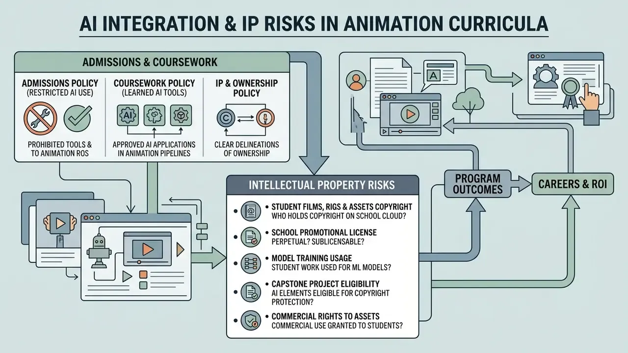 Visual map of policies and intellectual property risks regarding AI usage in academic animation programs
