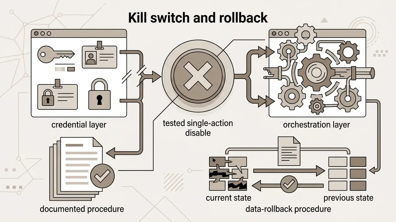 Central kill switch disconnecting credential and orchestration layers with a data-rollback procedure