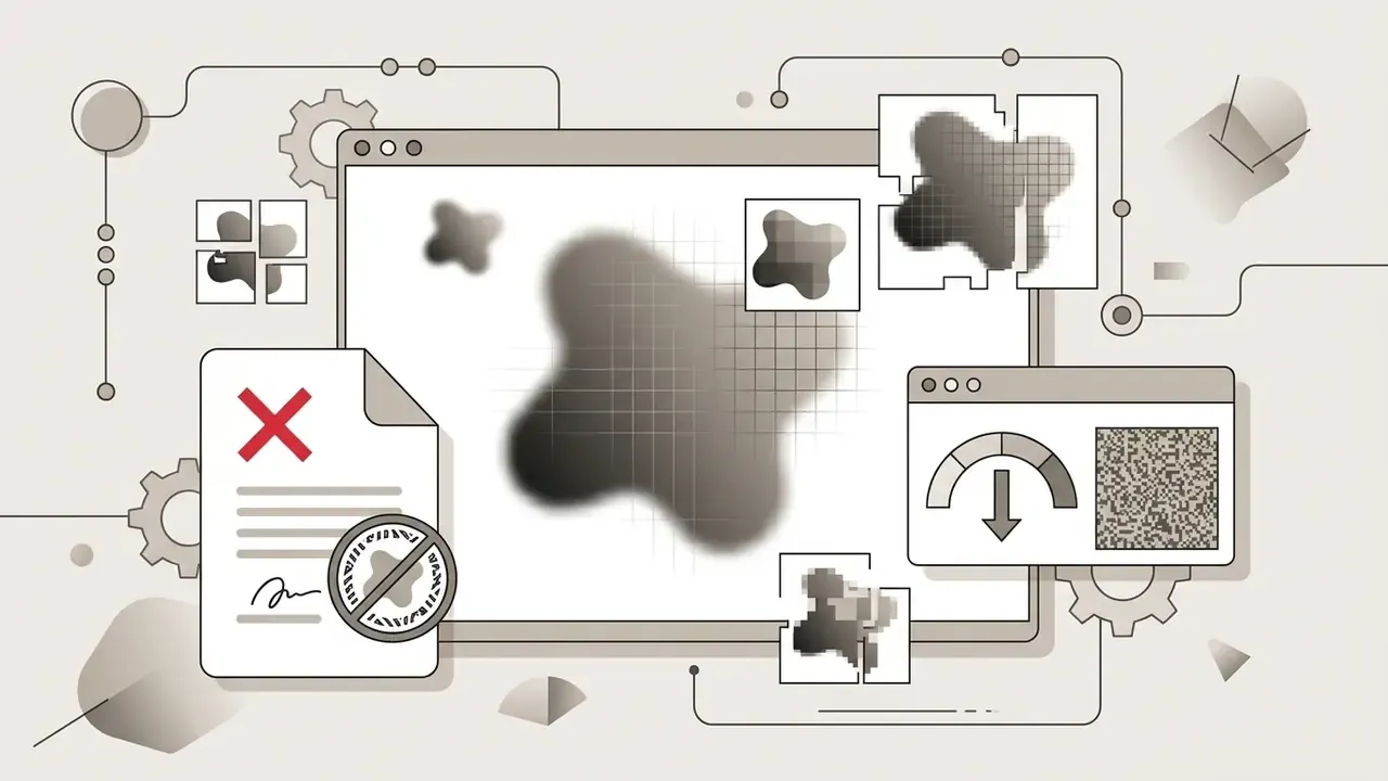 Abstract shapes and a document with a red cross symbol representing digital image artifacts and noise