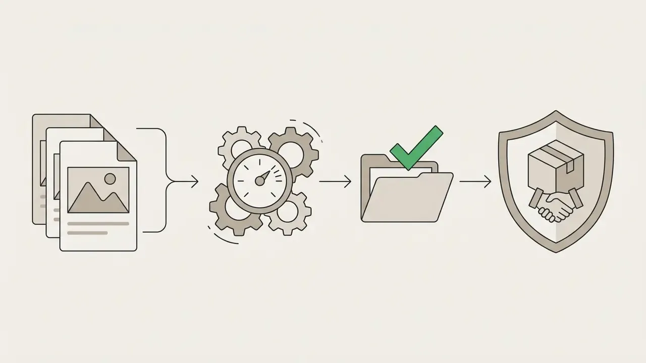 Sequence of documents being processed through gears into a checked folder and a protected product shield