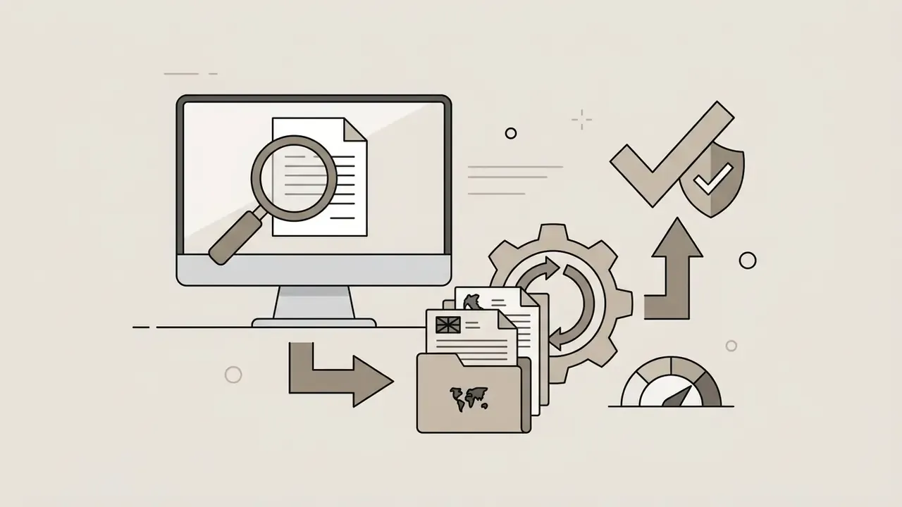 Computer monitor with a magnifying glass over a document feeding into a gear and a trademark shield icon
