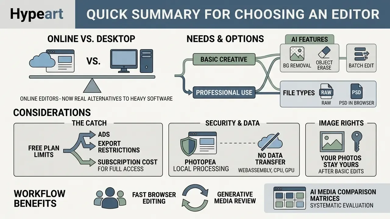 Infographic comparing online and desktop photo editor options, security, and workflow benefits