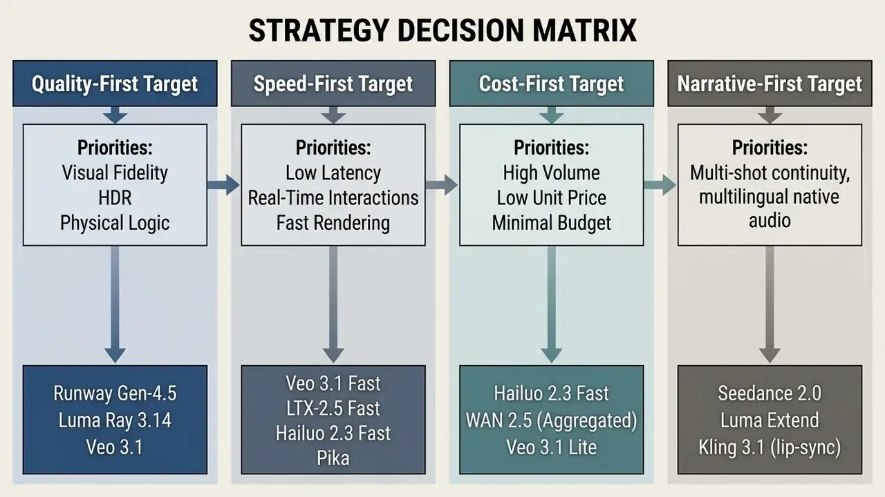 Decision matrix mapping AI video API models to specific quality, speed, cost, and narrative target priorities
