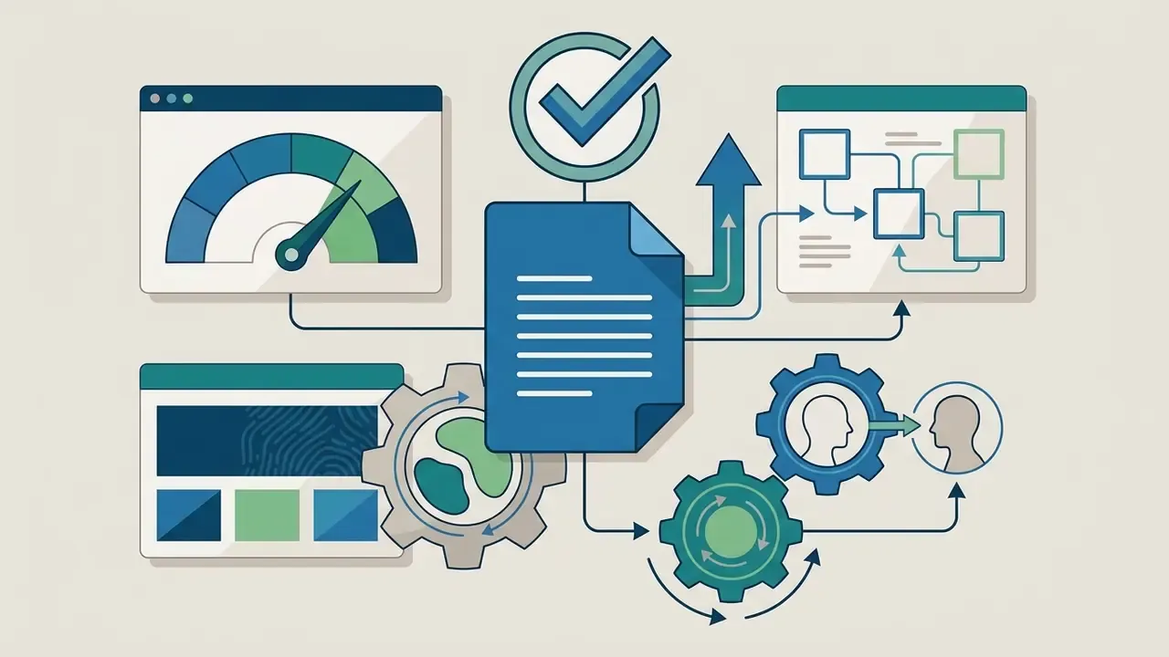 Central document icon connected to a speed gauge, website layout, and gears representing user interactions