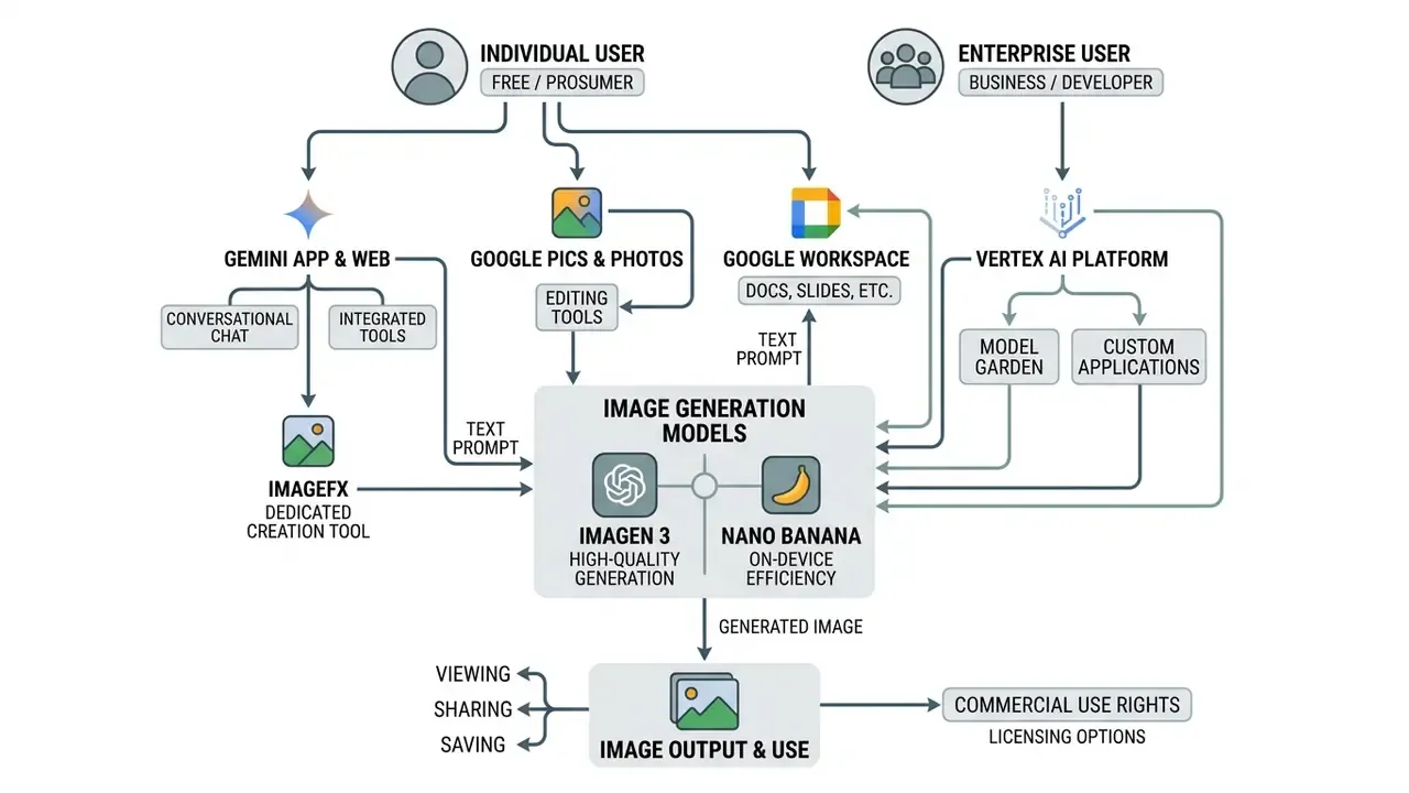 Flowchart showing how users access the Google AI image generator through various platforms and models