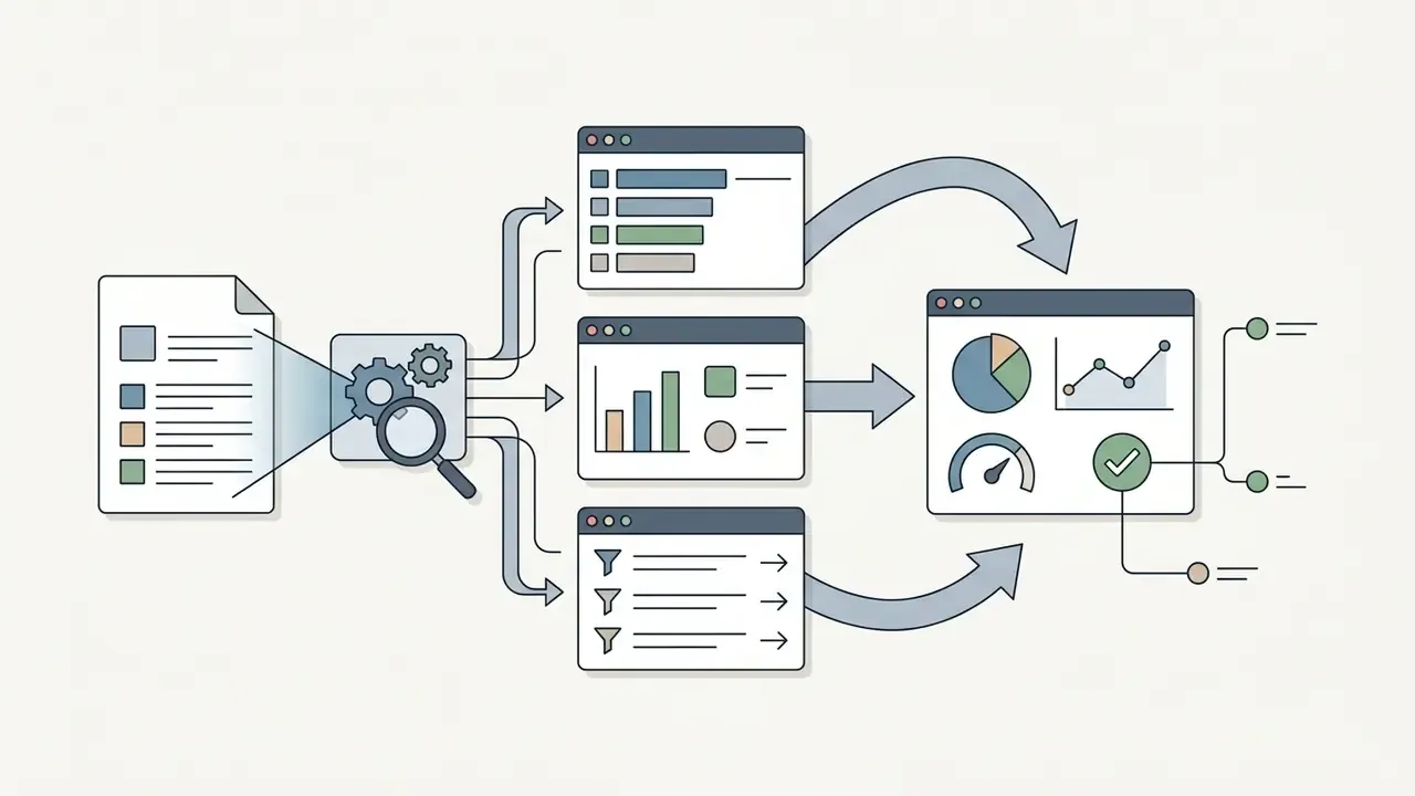 Document analysis process showing text parsing, data categorization, and final dashboard visualization