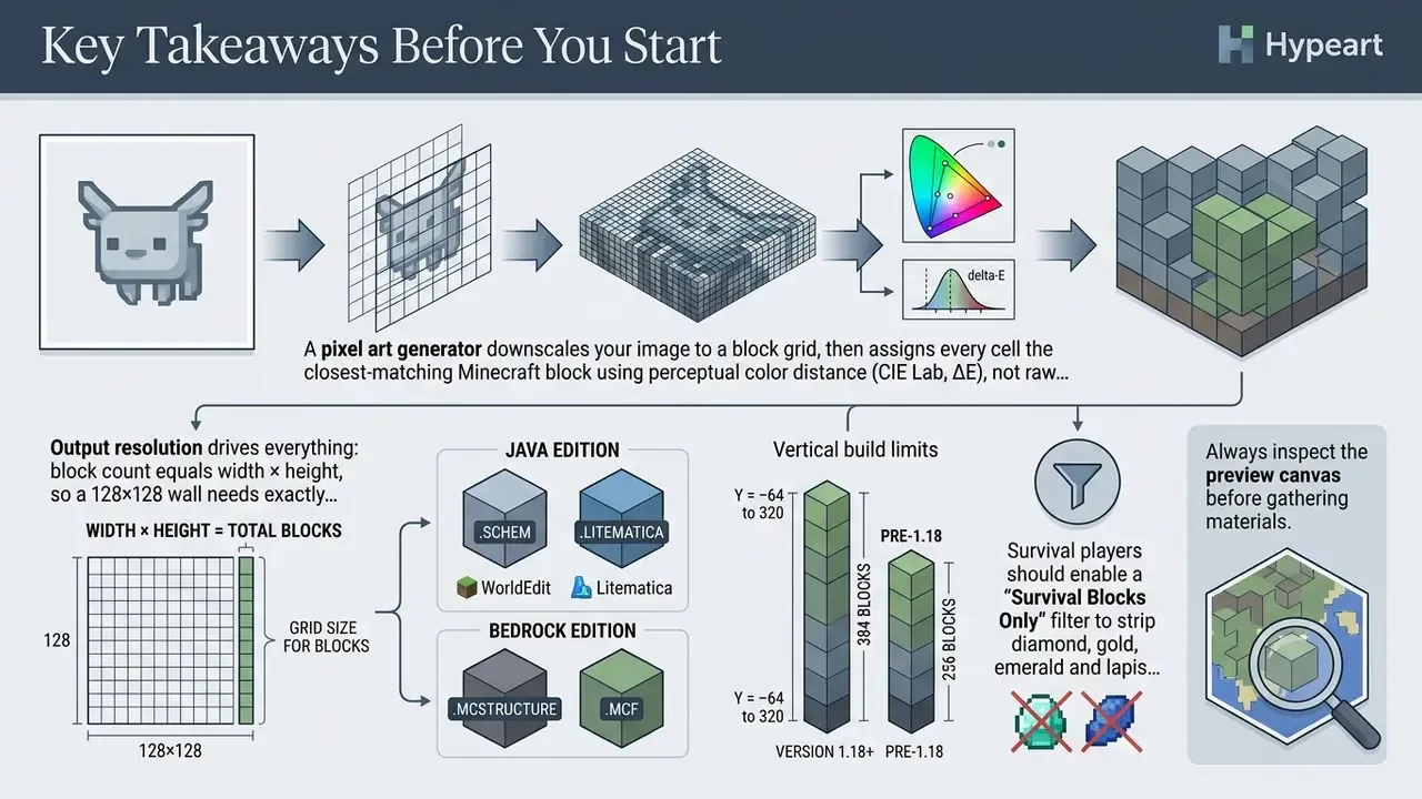 Infographic showing how a pixel art generator converts images into Minecraft block grids and build files