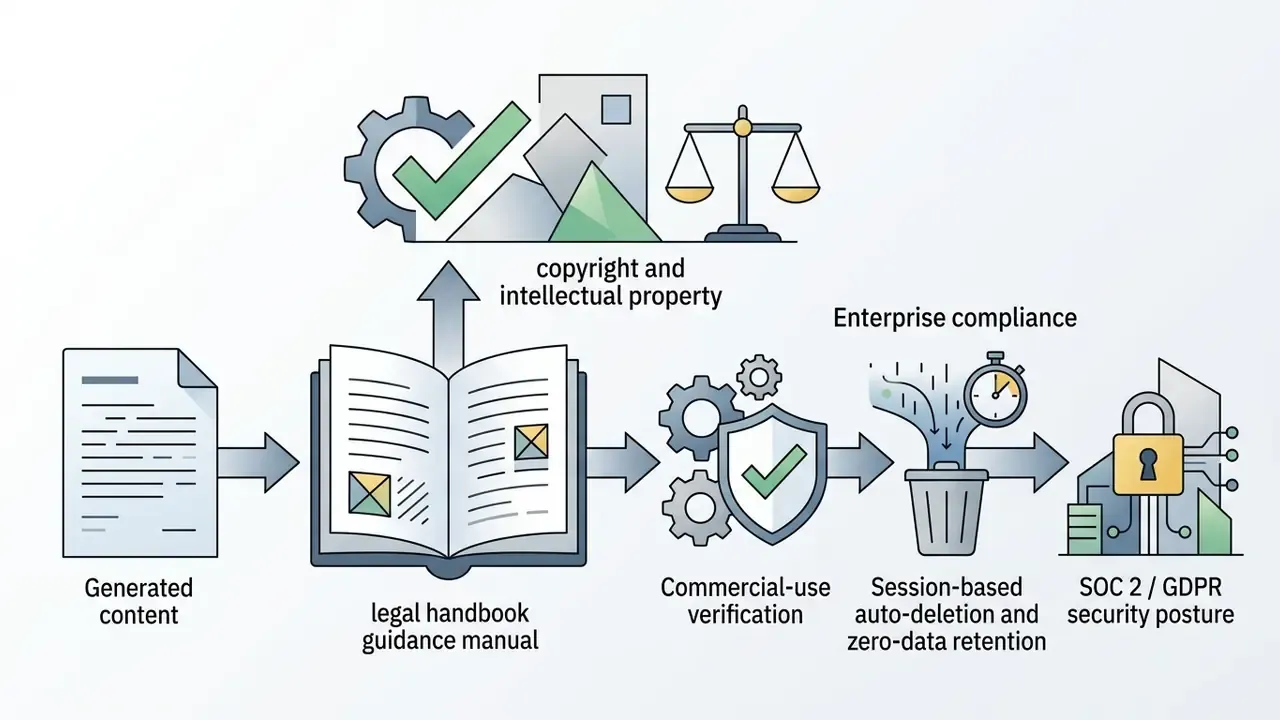 Sequence of icons representing legal review, commercial verification, data deletion, and security compliance