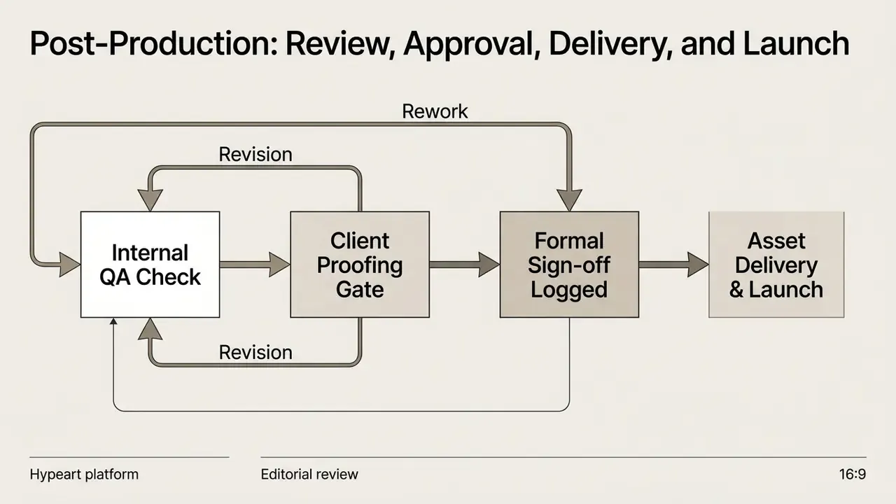 Process diagram showing internal quality checks, client proofing, sign-off, and final asset delivery