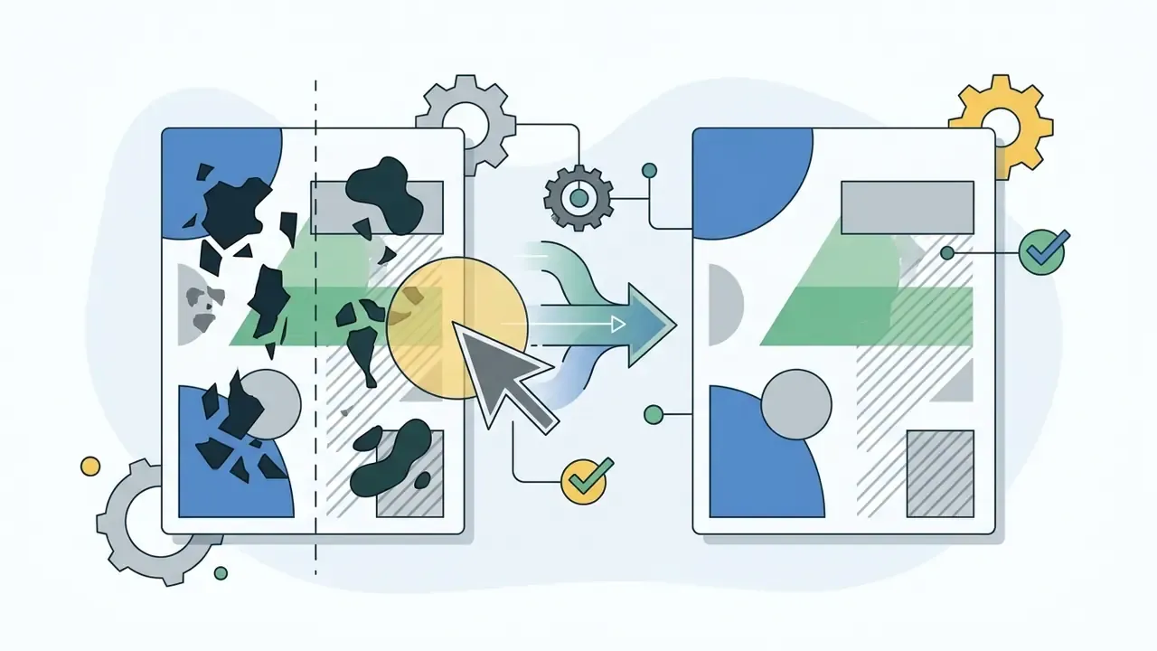 Cursor removing dark artifacts from a document to reveal a clean design with gear icons and checkmarks