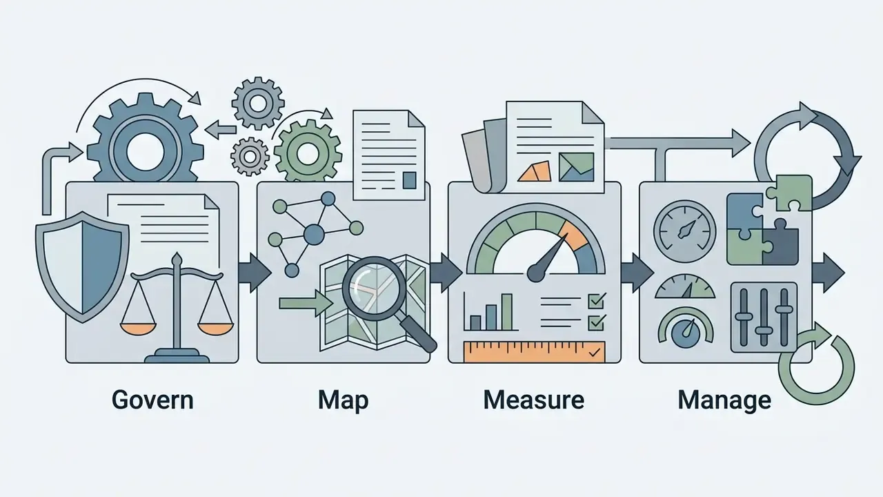 Four square panels representing govern, map, measure, and manage steps with icons for risk and oversight