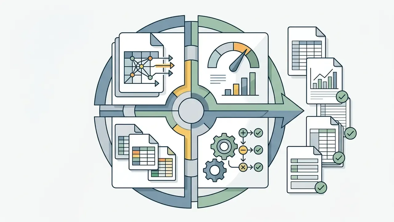 Four quadrants showing analytical processes converging into a single output stream of verified spreadsheet files