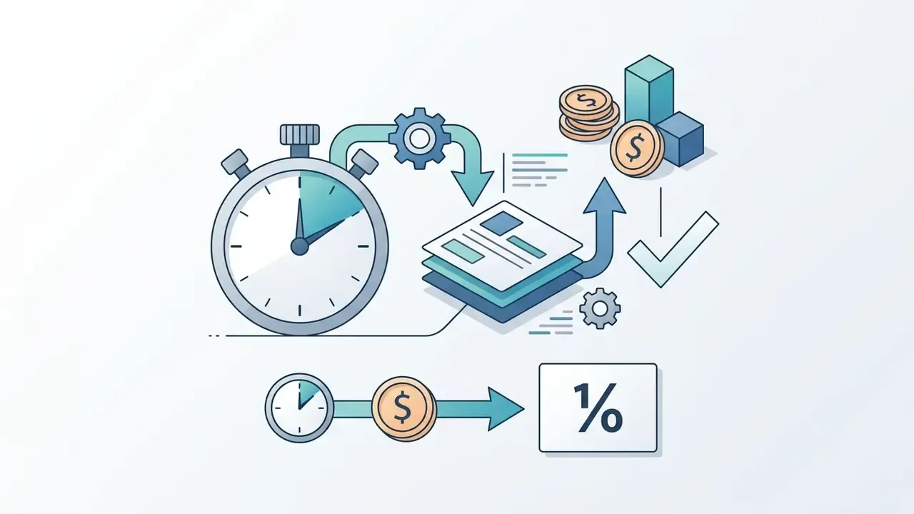 Stopwatch and gears connected to a stack of documents with coins and a percentage symbol