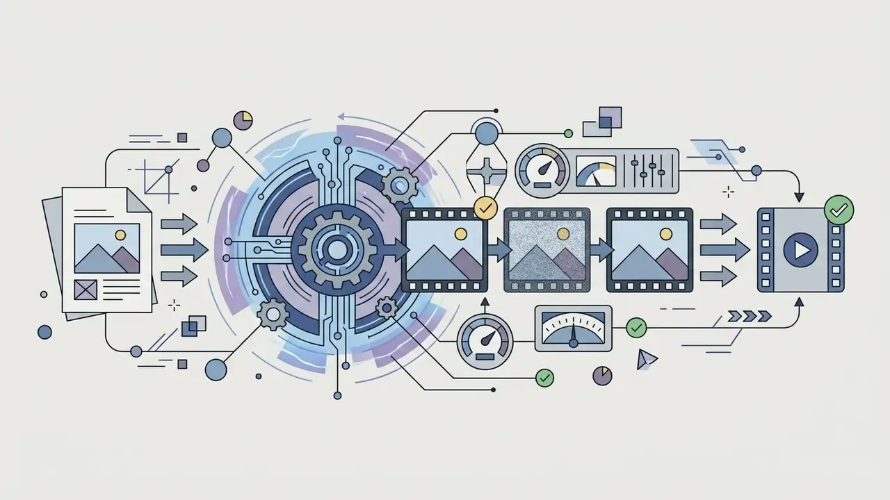 Technical graphic showing image inputs being processed through gears and denoising frames into video