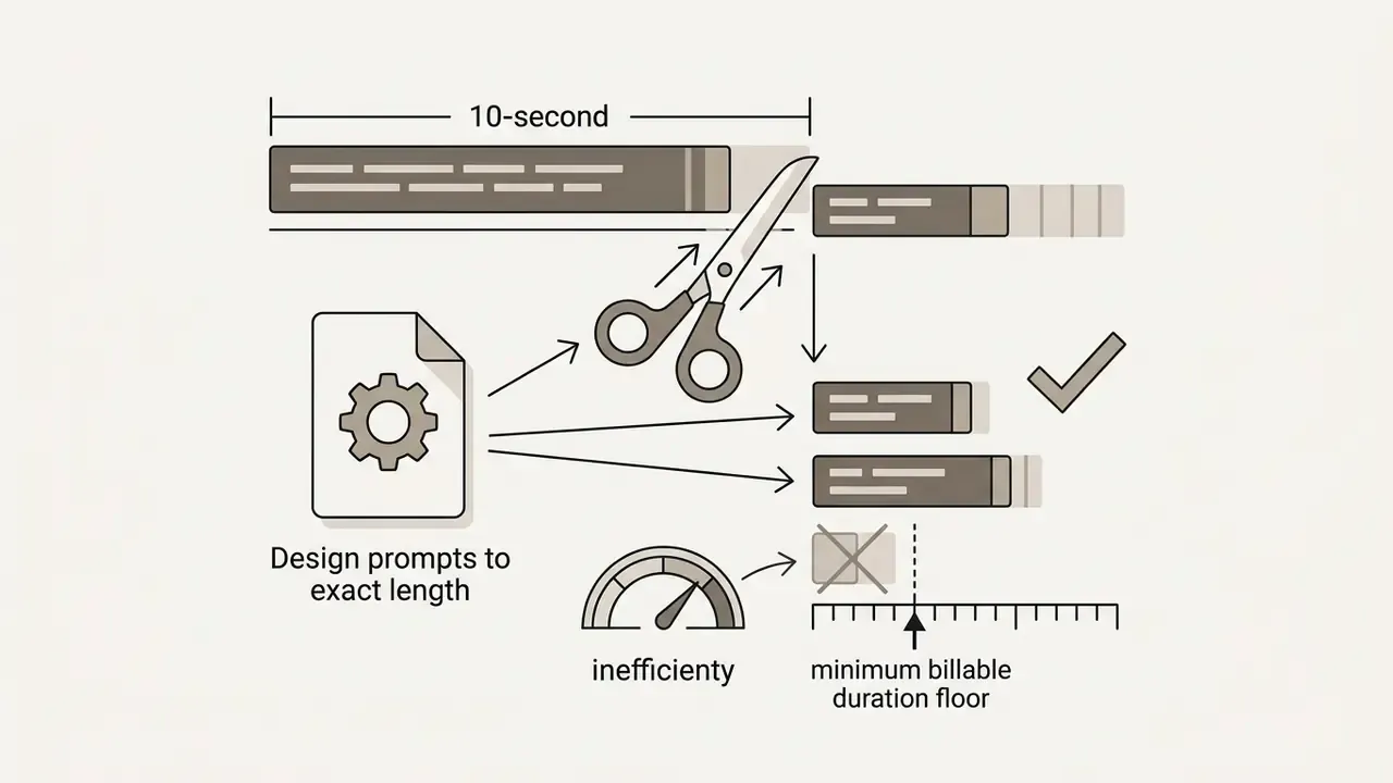 Scissors trimming long video segments into shorter clips to avoid hitting minimum billable duration floors