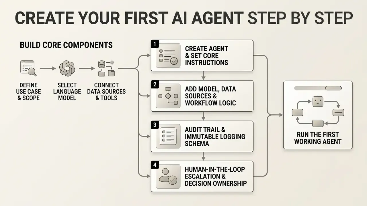 Process diagram outlining the technical steps to configure, log, and deploy an initial AI agent