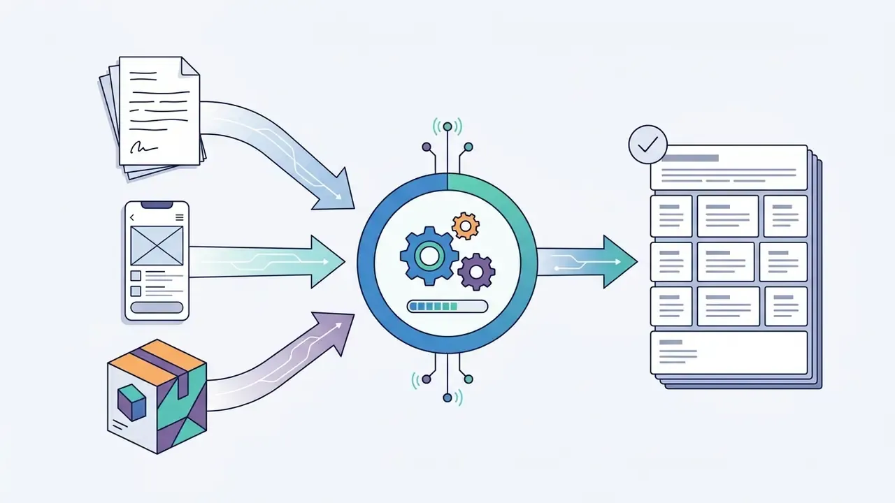 Documents, mobile screens, and product packaging feeding into a central processing hub for text extraction