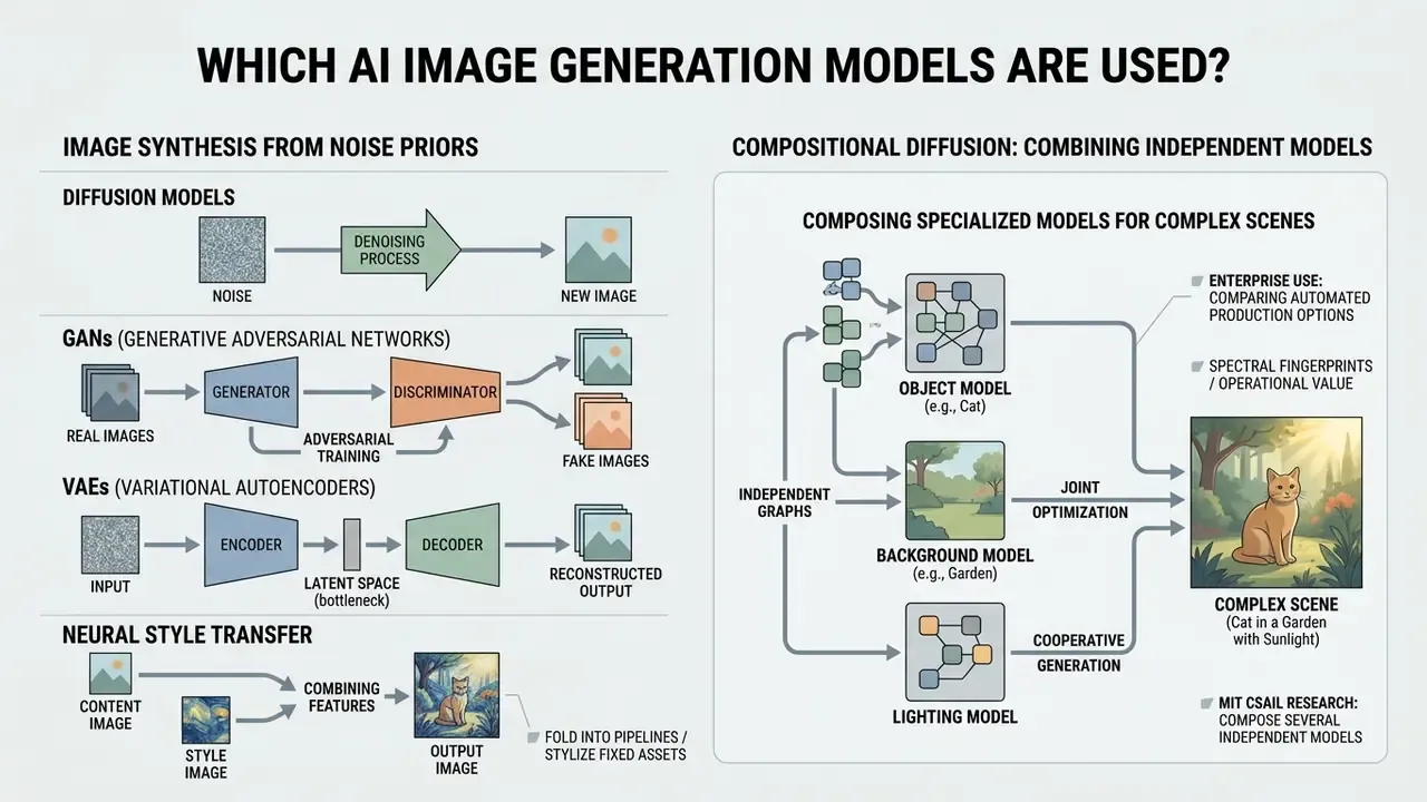 Comparison chart showing how diffusion, GANs, VAEs, and compositional models synthesize digital images